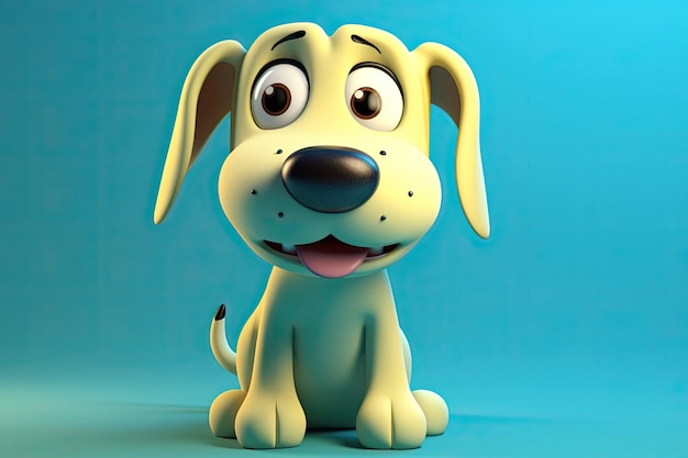 Immagine divertente di un cane cartone animato 3D nei colori blu e giallo con sfondo blu IA generativa