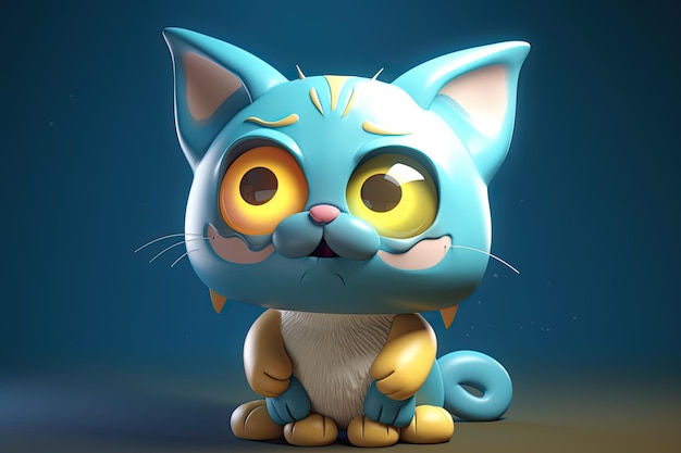 Immagine divertente di un gatto cartone animato 3D nei colori blu e giallo con sfondo blu IA generativa