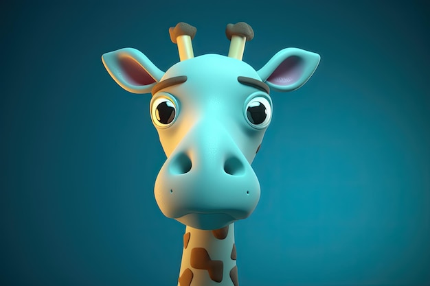 Immagine divertente di una giraffa cartone animato 3D nei colori blu e giallo con sfondo blu IA generativa