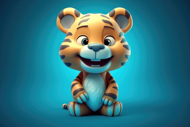 Immagine divertente di una tigre cartone animato 3D nei colori blu e giallo con sfondo blu IA generativa