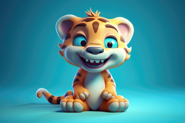 Immagine divertente di una tigre cartone animato 3D nei colori blu e giallo con sfondo blu IA generativa