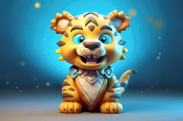 Immagine divertente di una tigre cartone animato 3D nei colori blu e giallo con sfondo blu IA generativa