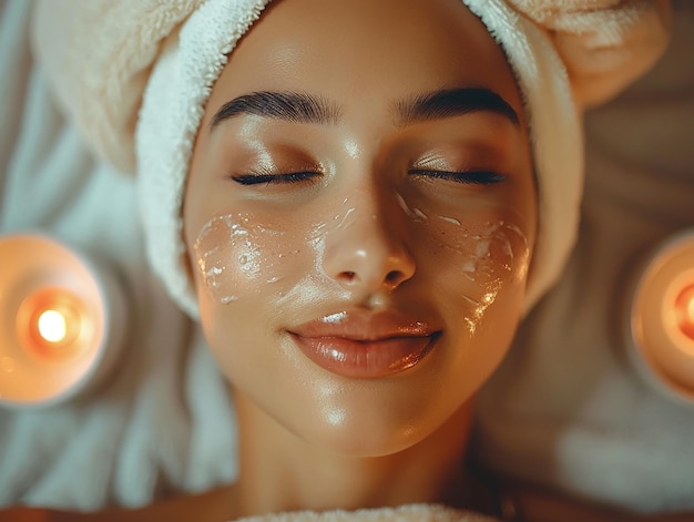 Immagine Donna giapponese attraente che si diverte con la procedura di spa salone benessere rilassamento