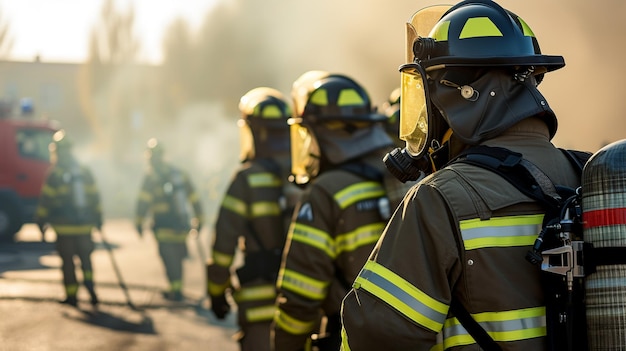 Immagine drammatica di una squadra di pompieri in uniforme