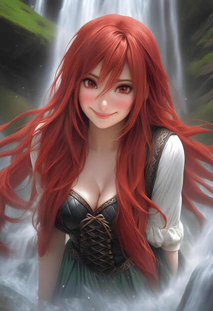 Immagine fantastica di una ragazza dai capelli rossi davanti a una cascata