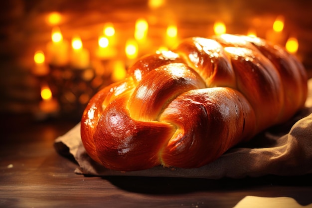 Immagine festiva e magica di pane challah sul tavolo con luci bokeh sfocate sullo sfondo