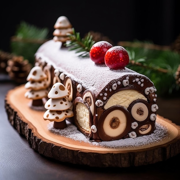 immagine festosa di una torta di ceppo di Natale decorata con funghi di marzapane