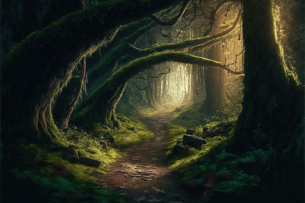 Immagine fiabesca con foresta fatata, alberi ad alto fusto ed erba verde e un percorso misterioso, Generativo A
