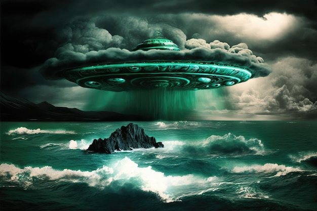 Immagine filtrata verde dell'UFO che vola sopra l'oceano tempestoso