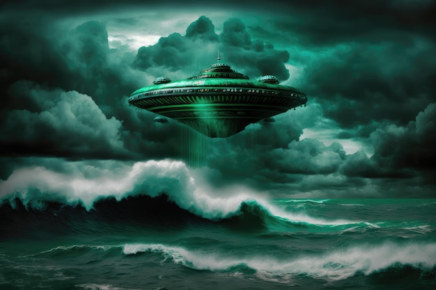 Immagine filtrata verde dell'UFO che vola sopra l'oceano tempestoso