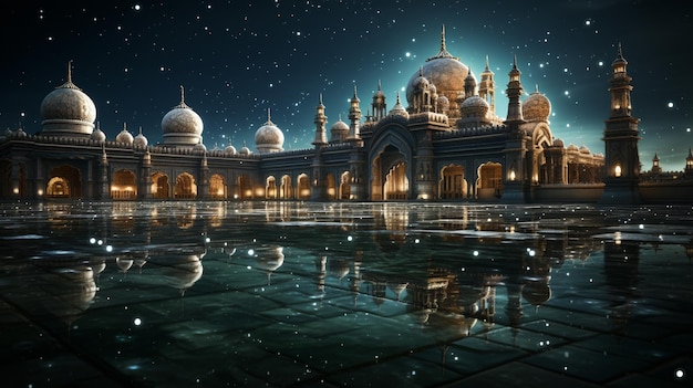 Immagine fotografica d'archivio carta da parati HD 8K della moschea silhouette e notte islamica