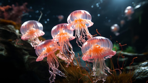 Immagine fotografica d'archivio dello sfondo _two_fantasy_mesmerising_jellyfishes_glowingHD 8K