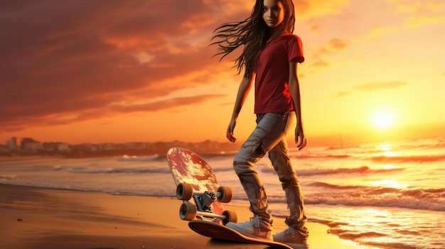 Immagine fotografica d'archivio ragazza sulla spiaggia con skateboard HD 8K