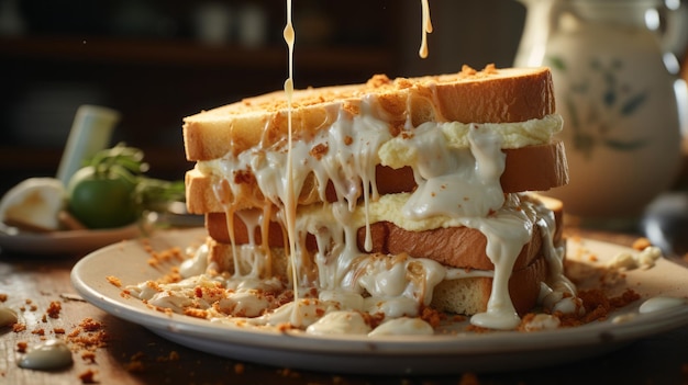 Immagine fotorealista di un panino con un sacco di maionese bianca che ne gocciola