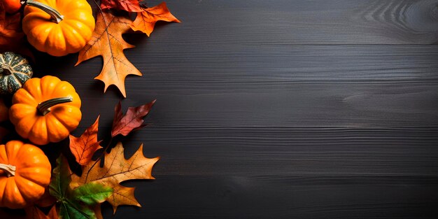 Immagine fotorealista per il Ringraziamento e l'autunno di foglie autunnali e zucche su uno sfondo scuro