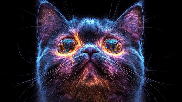 Immagine frattale di gatto a pelo corto esotico sullo sfondo nero vista anteriore