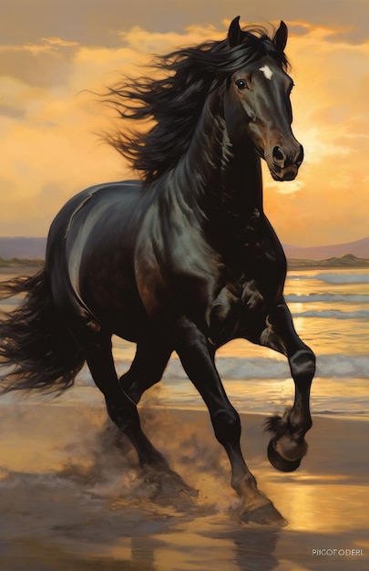 Immagine generata ai del tramonto del cavallo nero Immagine generata ai di alta qualità