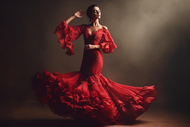 Immagine generata da AI Bella ballerina di flamenco in abito rosso e sfondo scuro