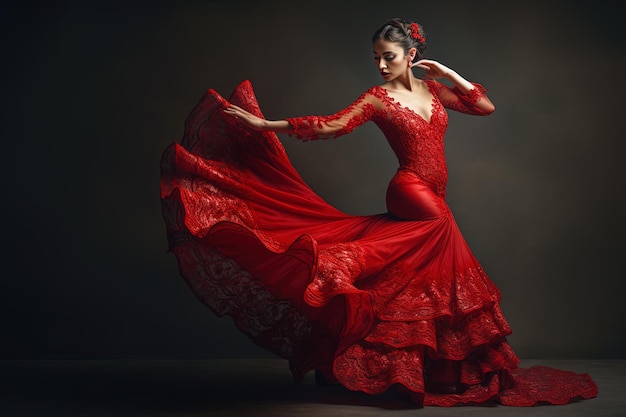 Immagine generata da AI Bella ballerina di flamenco in abito rosso e sfondo scuro