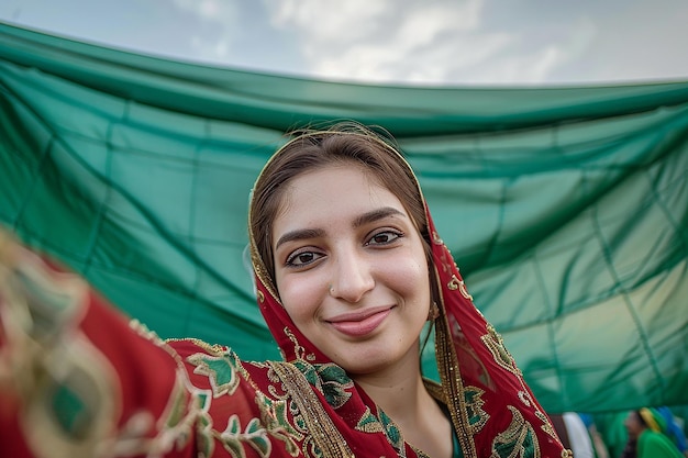 Immagine generata da AI di una donna pakistana che indossa un velo sullo sfondo della bandiera verde del Pakistan