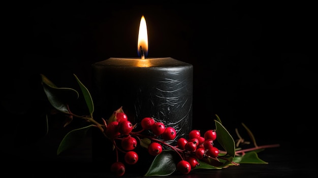 Immagine generata da AI Romantica candela nera con incisione dorata e vischio