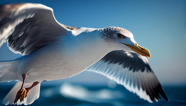 Immagine generata da un gabbiano sul mare e sul cielo blu