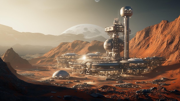 Immagine generata dall'AI della futura colonia di Marte che mescola realismo con elementi di fantascienza speculativa