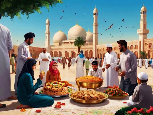 Immagine generata dall'AI della riunione di preghiera dell'Eid al-Fitr o del Ramadan