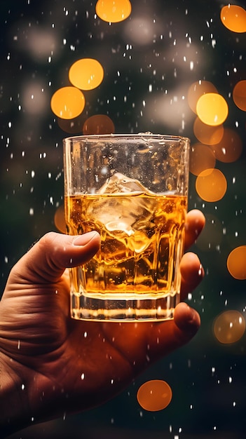 Immagine generata dall'AI di un uomo che tiene in mano un bicchiere di whisky scozzese con ghiaccio
