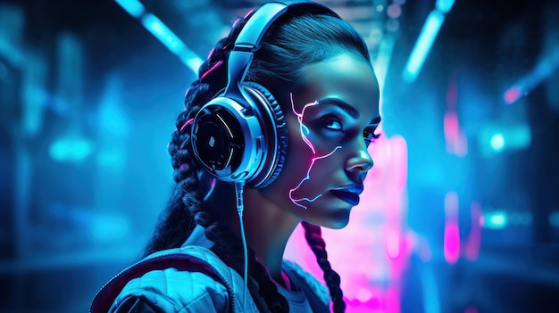 Immagine generata dall'AI di una DJ donna cyberpunk futuristica con cuffie blu neon