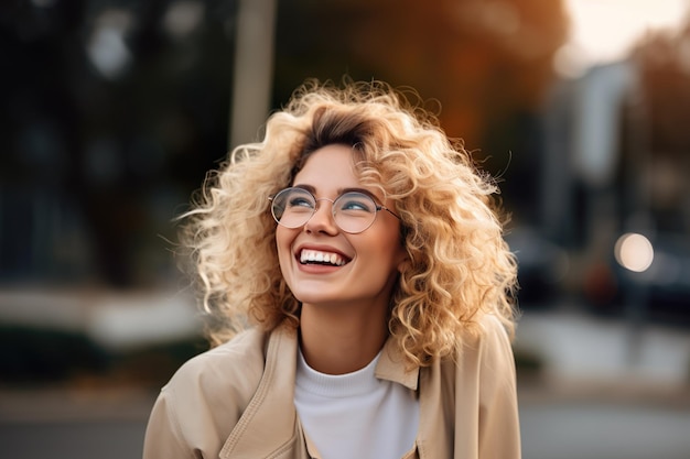 Immagine generata dall'AI di una donna felice all'aperto