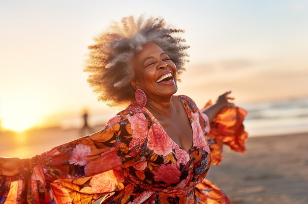 Immagine generata dall'AI di una donna felice e matura sulla spiaggia foto di alta qualità