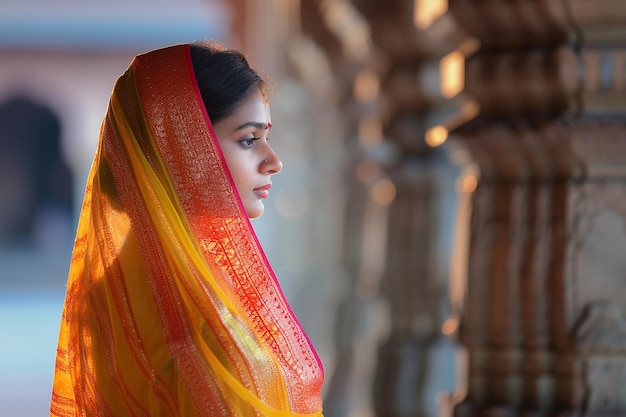 Immagine generata dall'AI di una donna indiana che indossa abiti tradizionali con un'espressione triste