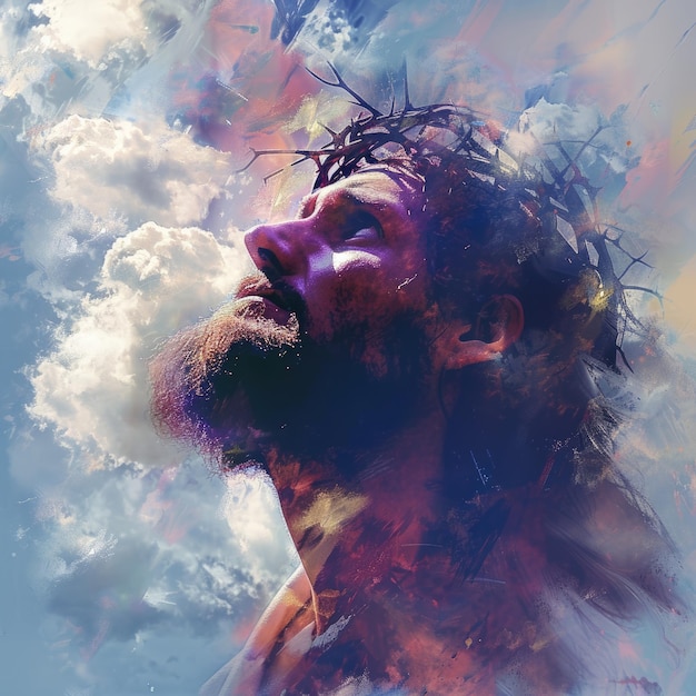 Immagine generata dall'AI Gesù Cristo che guarda al cielo attraverso le nuvole Concepto religioso di