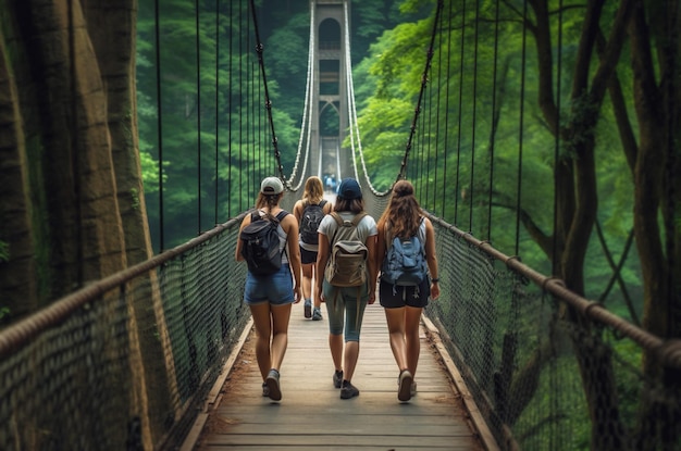 Immagine generata dall'IA di ragazze turistiche che camminano sul ponte Foto di alta qualità