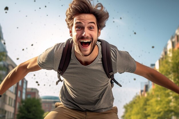 Immagine generata dall'IA di un uomo che salta liberamente con un'espressione felice in una giornata luminosa
