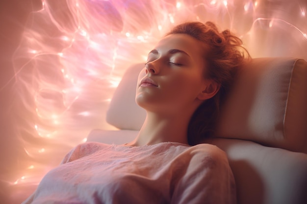 Immagine generata dall'IA di una donna che dorme incosciente su una sedia durante l'ipnoterapia di rilassamento