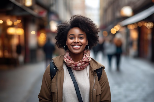 Immagine generata dall'IA di una giovane donna afroamericana in città Foto di alta qualità