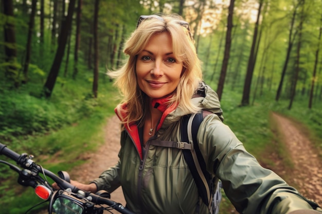 Immagine generata dall'intelligenza artificiale di una donna anziana in bicicletta nella foresta Foto di alta qualità