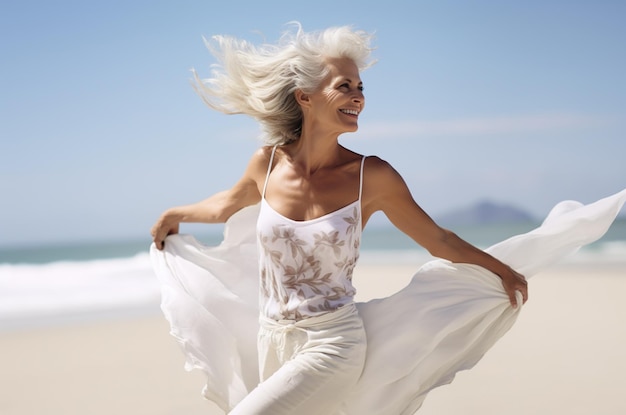 Immagine generata dall'intelligenza artificiale di una donna matura danzante felice in spiaggia Foto di alta qualità