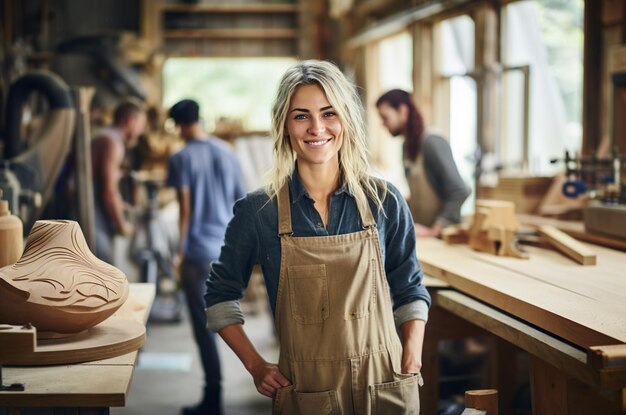 Immagine generata dall'intelligenza artificiale di una donna nel negozio di legno Foto di alta qualità