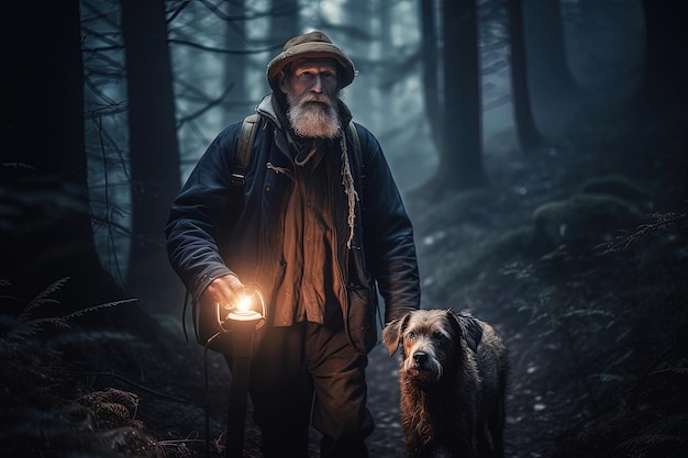 Immagine generata dall'intelligenza artificiale Uomo anziano che cammina nei boschi accanto al suo cane al tramonto