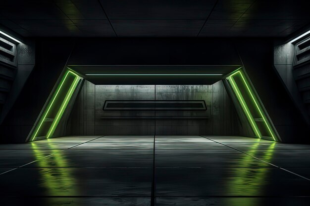 Immagine generata dalla tecnologia AI dell'hangar sotterraneo di cemento luminoso al neon