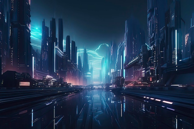 Immagine generata dalla tecnologia AI della città futura in stile cyberpunk