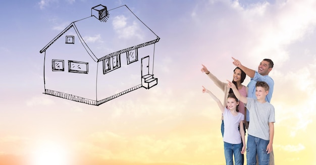 Immagine generata digitalmente della famiglia che gesturing sulla casa disegnata nel cielo