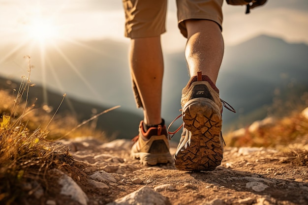 Immagine generativa AI close up scarpe fotografiche di un turista che cammina in montagna