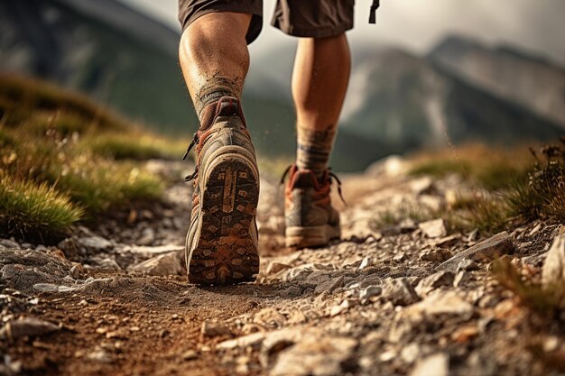 Immagine generativa AI close up scarpe fotografiche di un turista che cammina in montagna