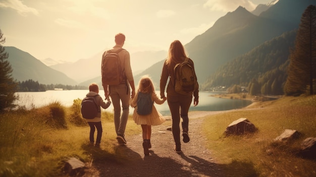 Immagine generativa ai di famiglia, mamma, papà e bambini durante un giro in bicicletta in una zona montuosa turistica