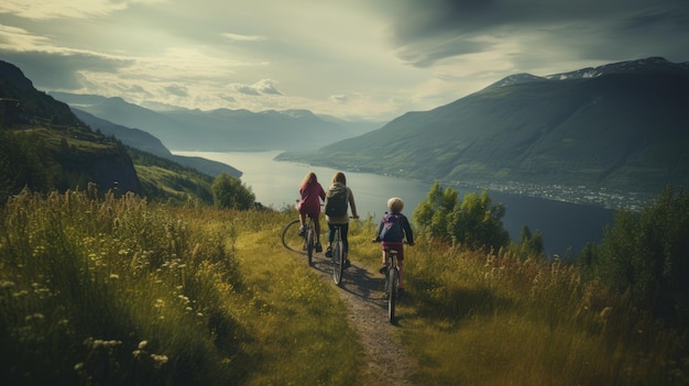 Immagine generativa ai di famiglia, mamma, papà e bambini durante un giro in bicicletta in una zona montuosa turistica