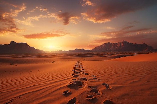 Immagine generativa AI di impronte nel mezzo del deserto sabbioso al tramonto